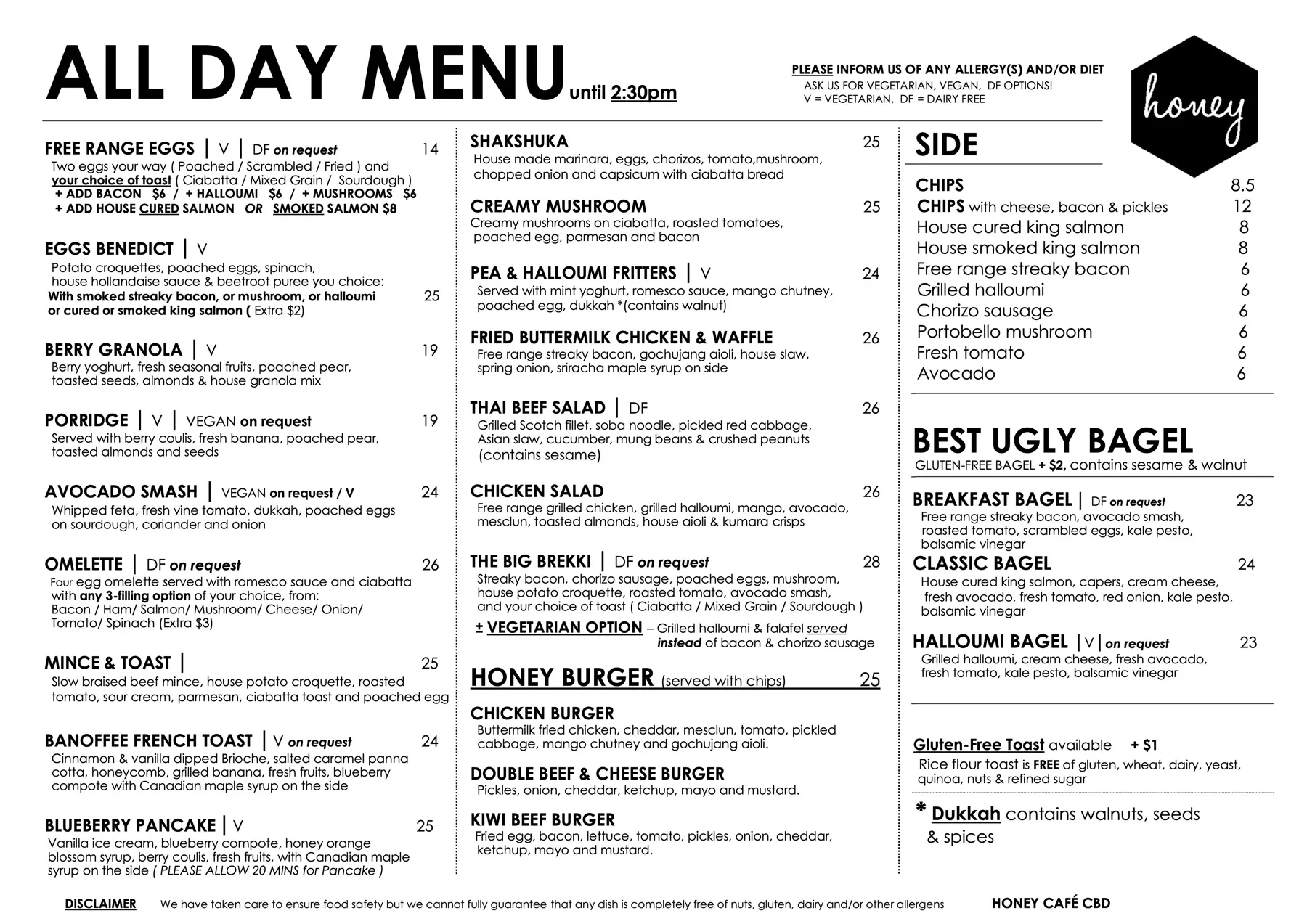 Honey Cafe CBD menu — page 1