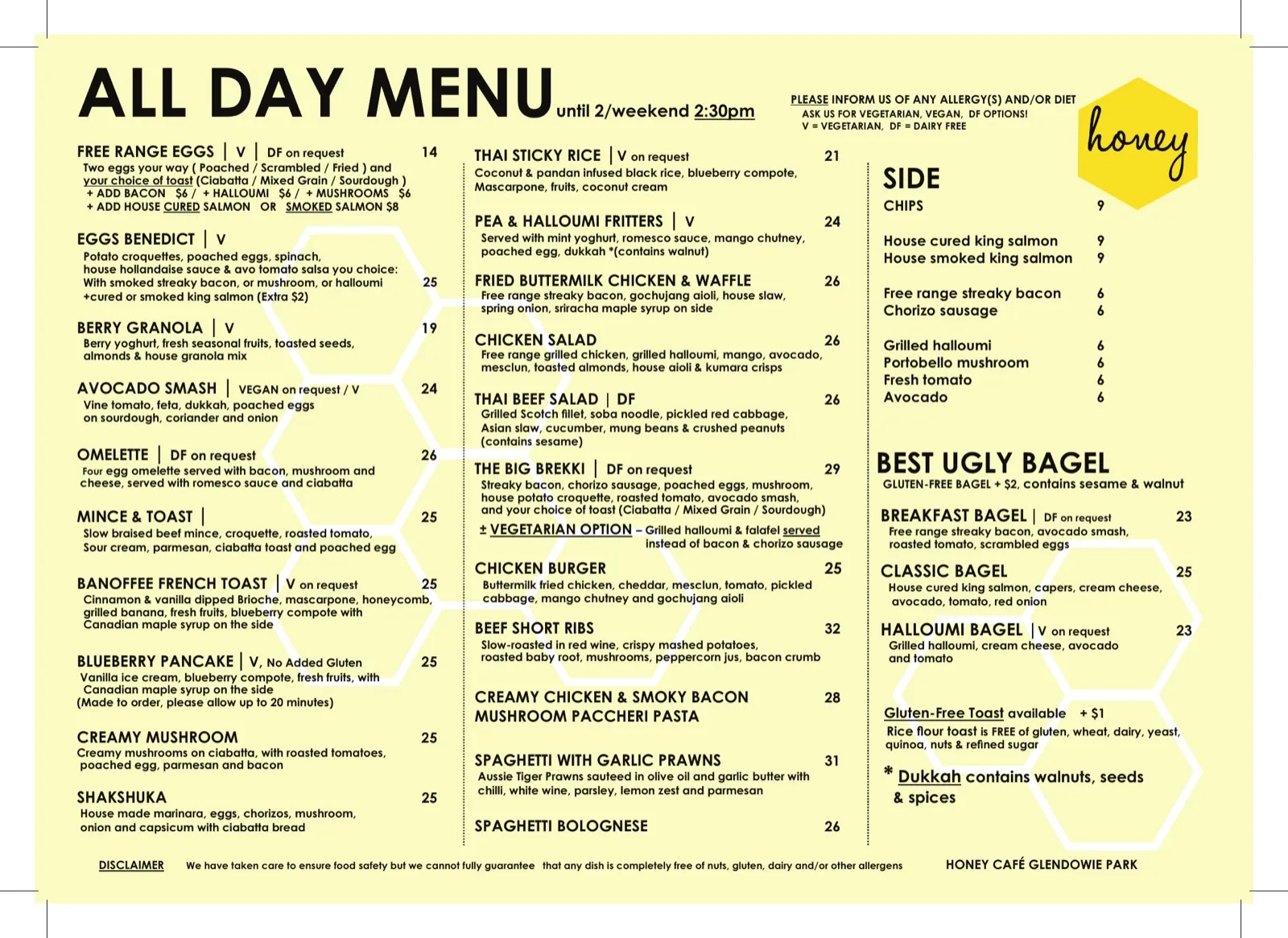Honey Cafe Glendowie Park menu — page 1