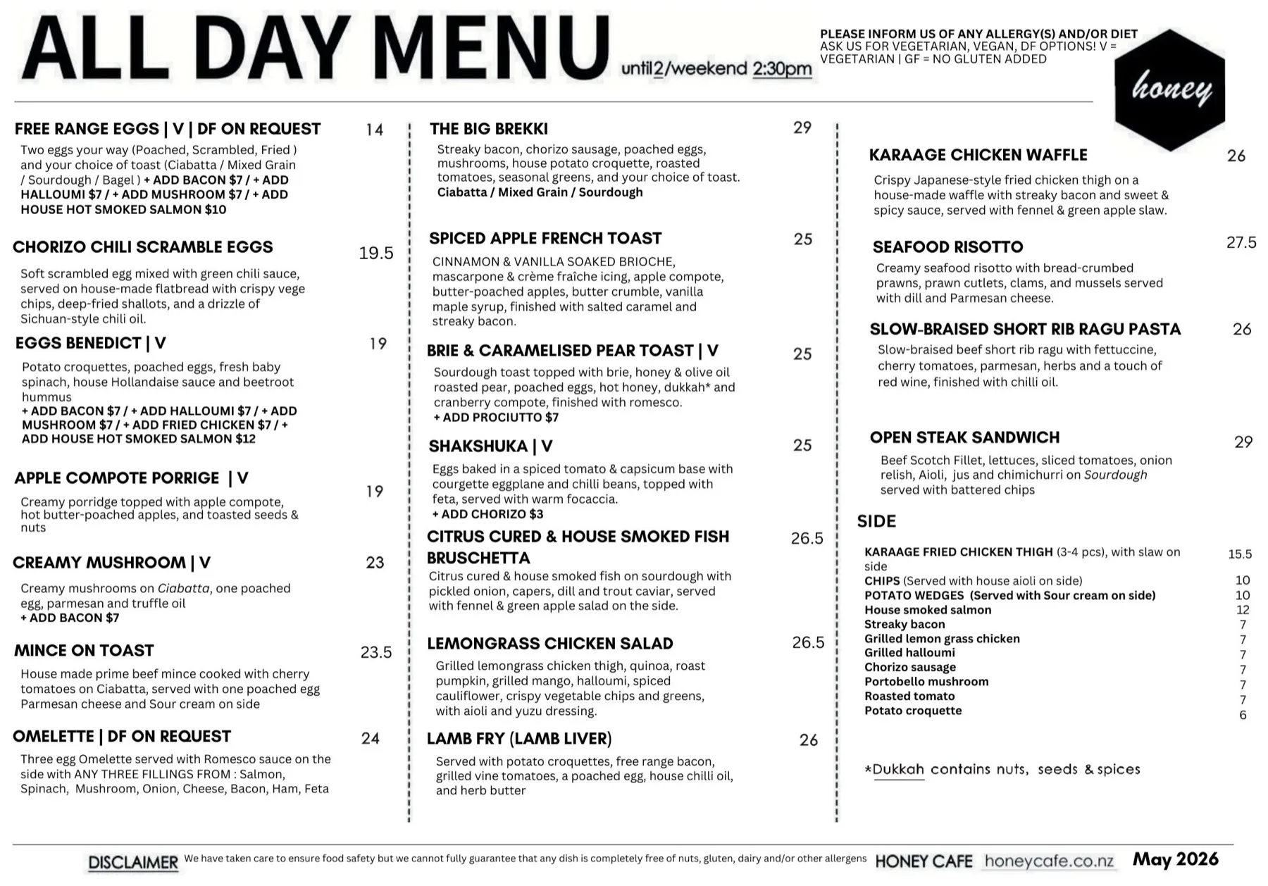 Honey Cafe Ponsonby menu — page 1
