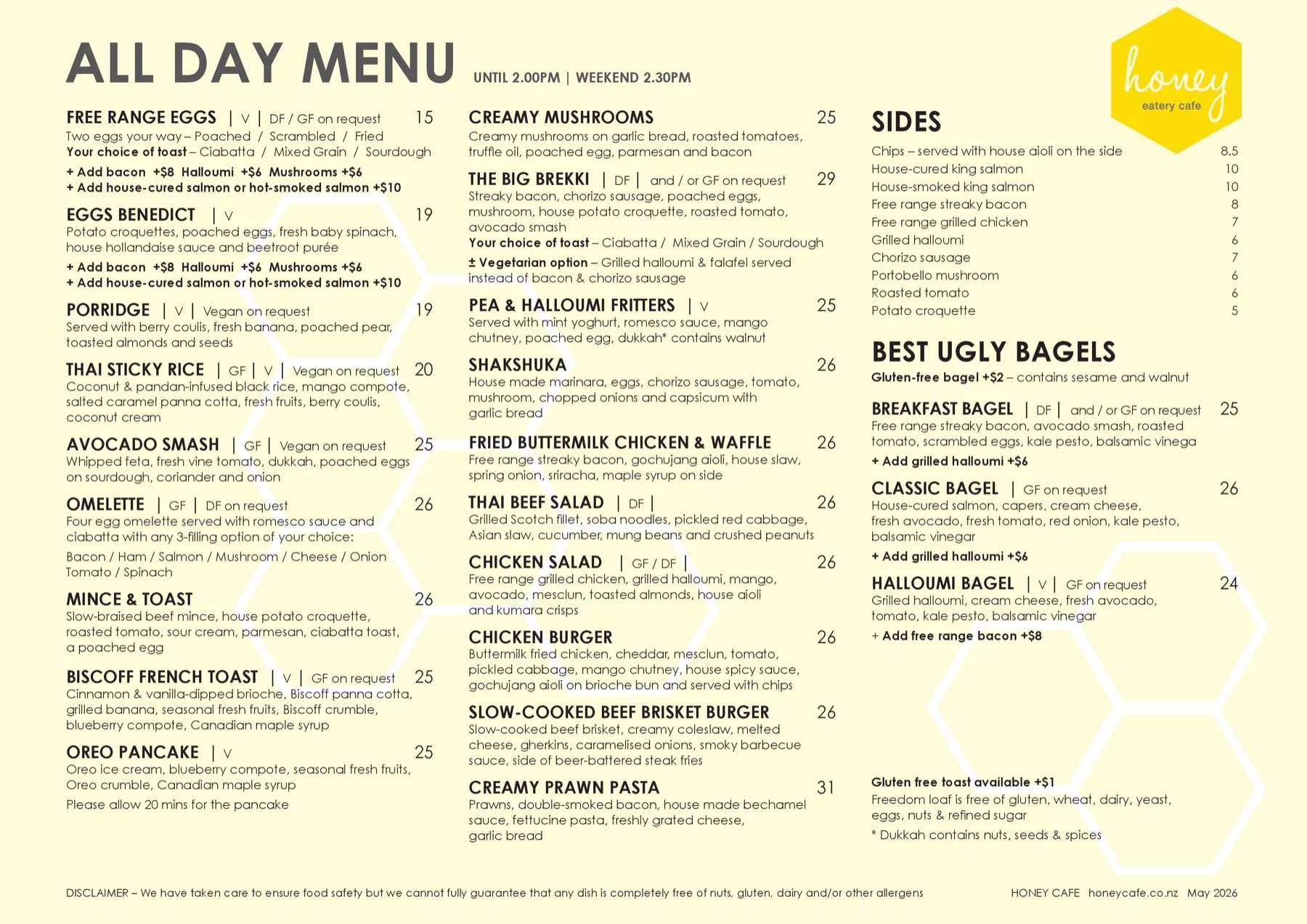 Honey Cafe Takapuna menu — page 1